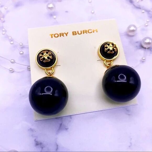 NWOT Tory Burch Gold Logo, Black Enamel Ball Dangle Stud Earings - Picture 5 of 9